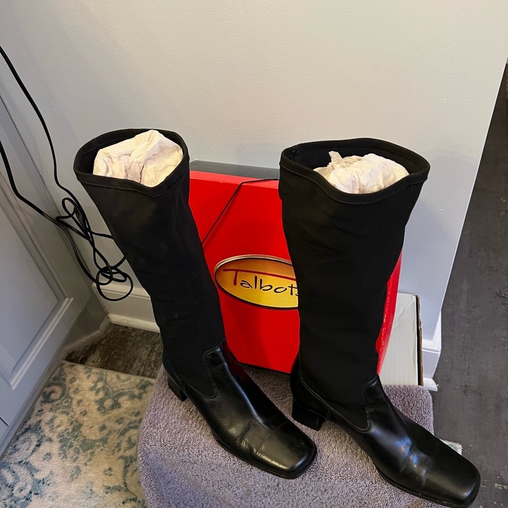 Talbots stretch boots with leather foot. Leather soles.
